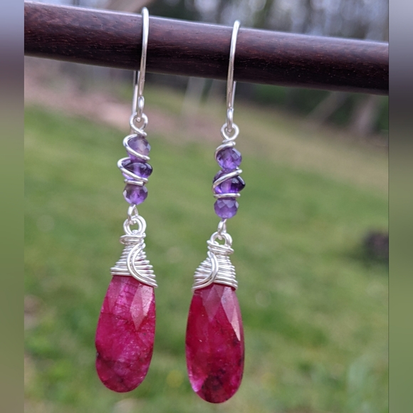 Artisan Ruby Earrings Sterling Silver With Amethyst Gemstones - Picture 10 of 12